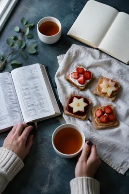 Morning Tea and Open Book Flat Lay