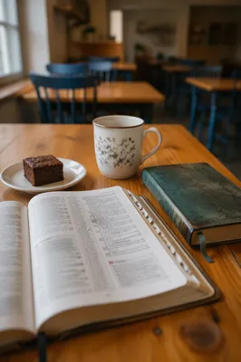 Open Book and Tea on Wooden Table