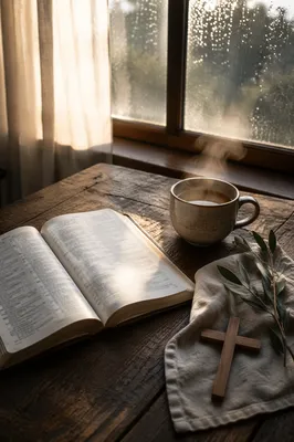 Open Devotional Book and Tea on Table