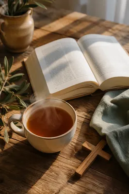Open Book and Tea on Rustic Table