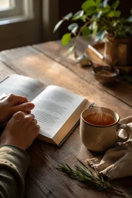 Open Book and Tea on Table