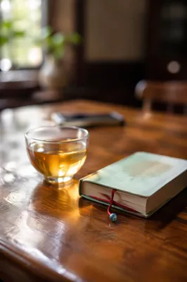 Tea and Booklet on Wooden Table