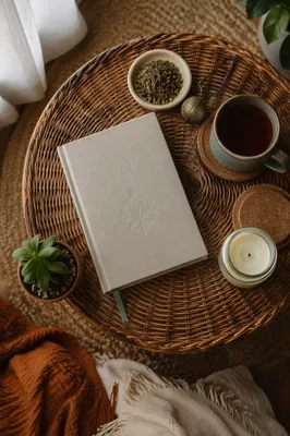 Tea and Journal on Rattan Table