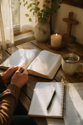 Open Devotional Book and Tea
