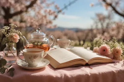 Open Book and Tea on Garden Table
