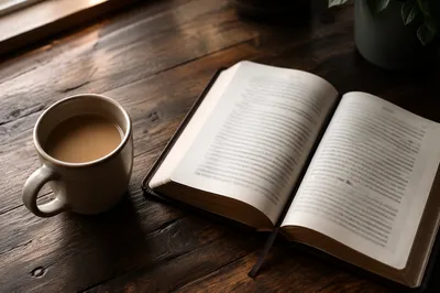 Open Book and Tea on Wooden Table