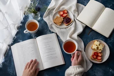 Morning Tea and Open Book Flat Lay