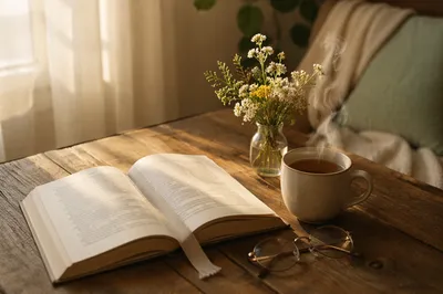 Open Book and Tea on Table