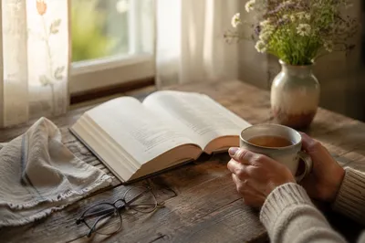 Open Book and Tea by Window