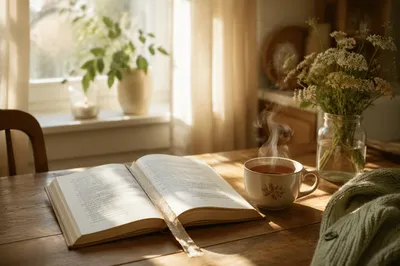 Open Book and Tea on Table