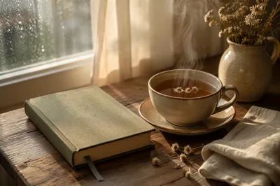Book and Herbal Tea by Window
