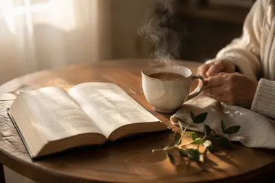 Open Book and Tea on Table