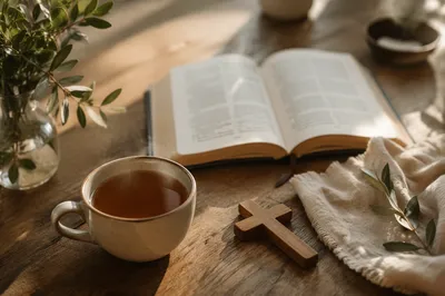 Open Book and Tea on Table