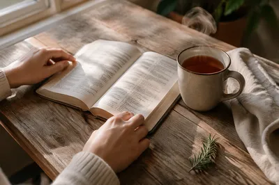 Open Book and Tea on Oak Table