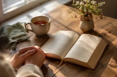 Open Book and Tea on Table