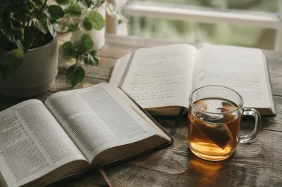 Open Books and Tea on Wooden Table