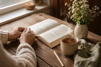 Open Book and Tea on Table