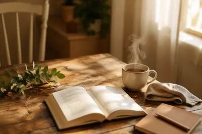 Open Book and Tea on Wooden Table