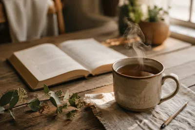 Open Book and Tea on Table
