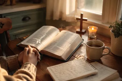 Open Devotional Book and Tea on Table