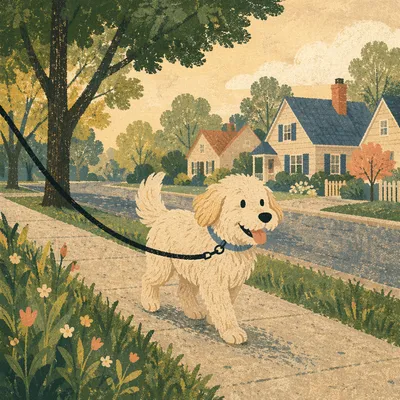Happy Dog Walking in Quiet Neighborhood