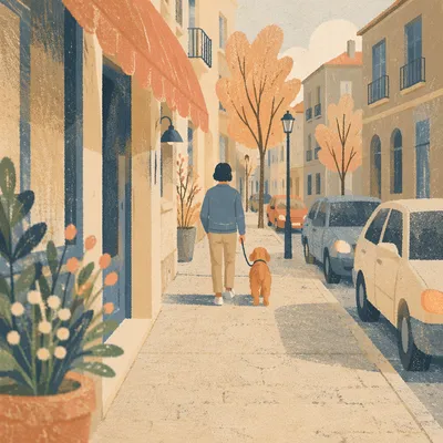 Dog Walking Along Quiet Neighborhood Sidewalk