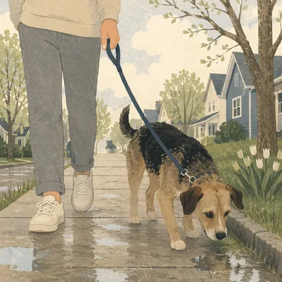 Dog Walking on Rainy Neighborhood Sidewalk