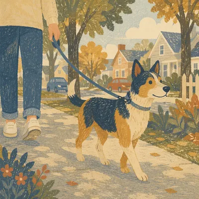 Calm Dog Walk on Autumn Sidewalk