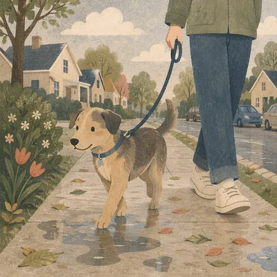 Dog Walking on Rainy Neighborhood Sidewalk