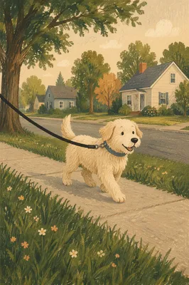 Happy Dog Walking Neighborhood Sidewalk