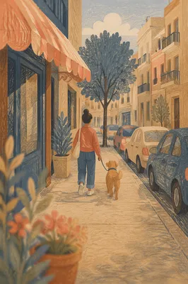 Dog Walking on Quiet Neighborhood Sidewalk