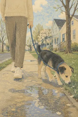 Dog Walking on Quiet Spring Sidewalk