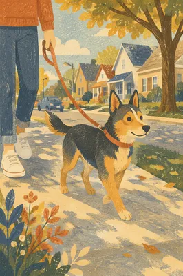 Calm Dog Walk on Autumn Sidewalk