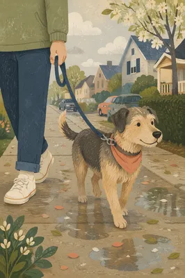 Morning Dog Walk on Quiet Sidewalk