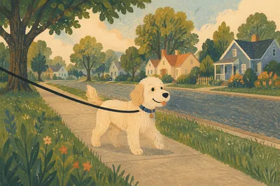 Happy Dog Walking on Neighborhood Sidewalk
