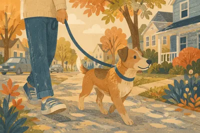 Calm Dog Walk on Autumn Sidewalk