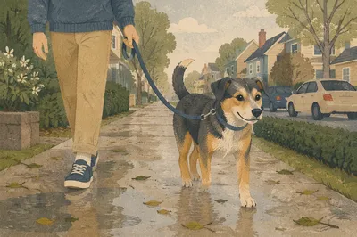 Morning Dog Walk on Quiet Sidewalk