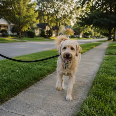 Happy Dog Walking on Neighborhood Sidewalk