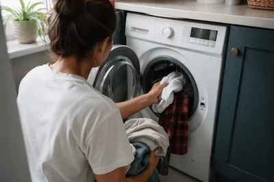 Person Loading Laundry in Home Washer