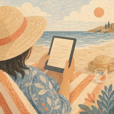 Vacation Reader Relaxing With Ebook on Beach