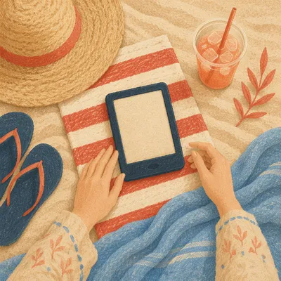 Beach Vacation Ebook Reader Flat Lay