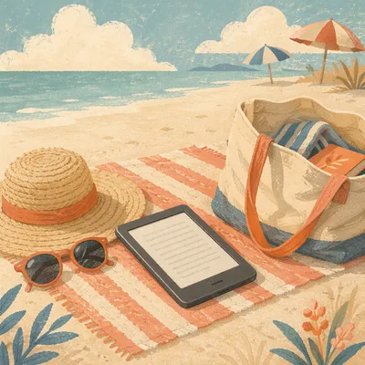 Ebook Reader on Sunny Beach Towel