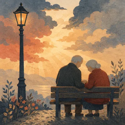 Elderly Couple Praying on Park Bench