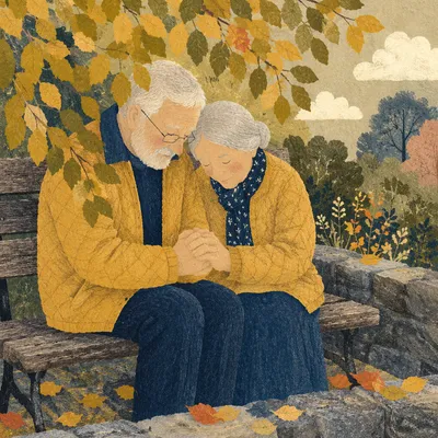 Elderly Couple Praying on Autumn Park Bench