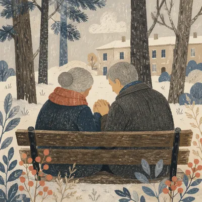 Elderly Couple Praying on Winter Park Bench
