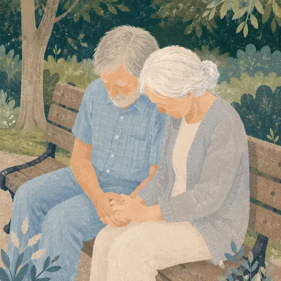 Elderly Couple Praying on Park Bench