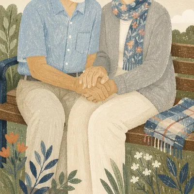 Elderly Couple Praying on Park Bench