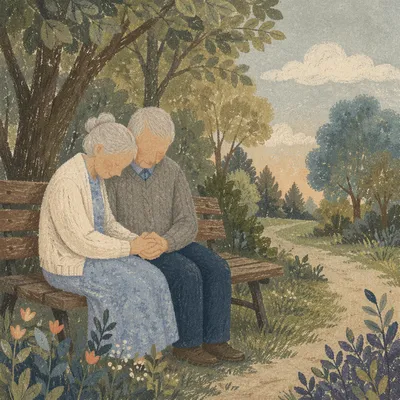 Elderly Couple Praying on Park Bench