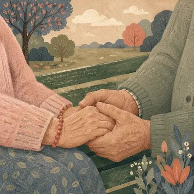 Elderly Couple Praying on Park Bench