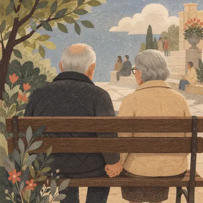 Elderly Couple Praying on Park Bench